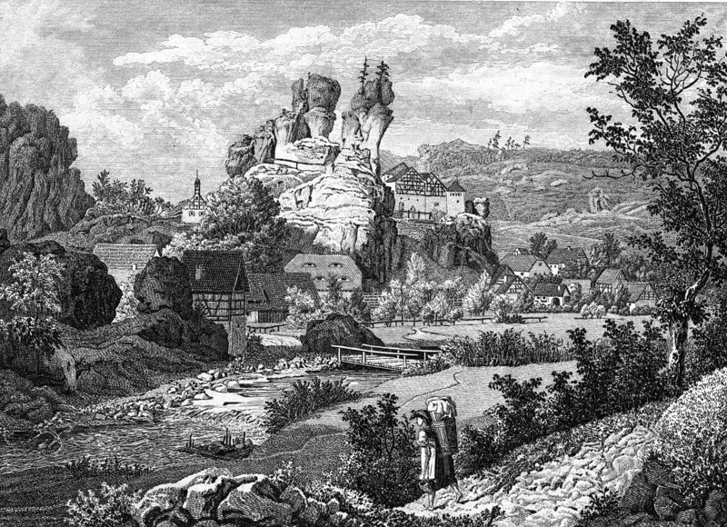 Tüchersfeld in Franconian Switzerland, around 1850, Upper Franconia, Bavaria, Germany, Historical, digitally restored reproduction from a 19th century original, Record date not stated