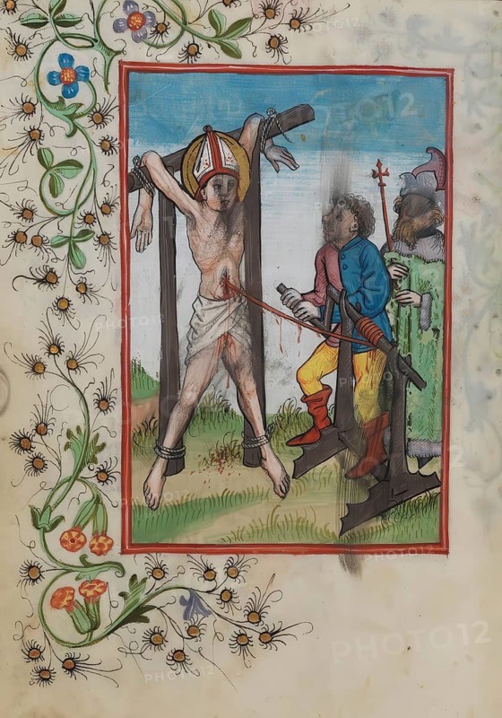Martyrdom of St Erasmus, Elmo or Ermo, (born around 240 in Antioch, died 303 in Formia) was a bishop and martyr who died through torture, tortures such as disembowelling. He is venerated as a saint in the Roman Catholic Church, Historical, digitally restored reproduction from a 19th century original, Record date not stated