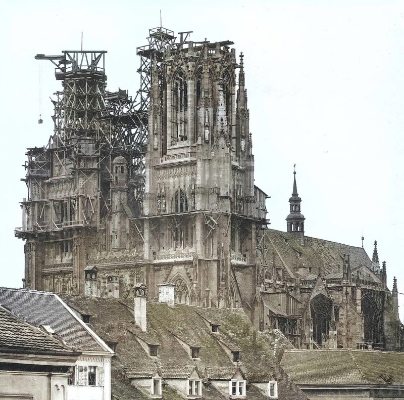 The cathedral of Regensburg, building site, construction of the towers in 1865, Bavaria, Germany, Historical, digitally restored reproduction from a 19th century original, Record date not stated