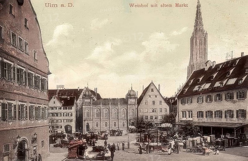 The Weinhof with the synagogue in Ulm, in front of 1927, Baden-Württemberg, Germany, Historical, digitally restored reproduction from a 19th century original, Record date not stated