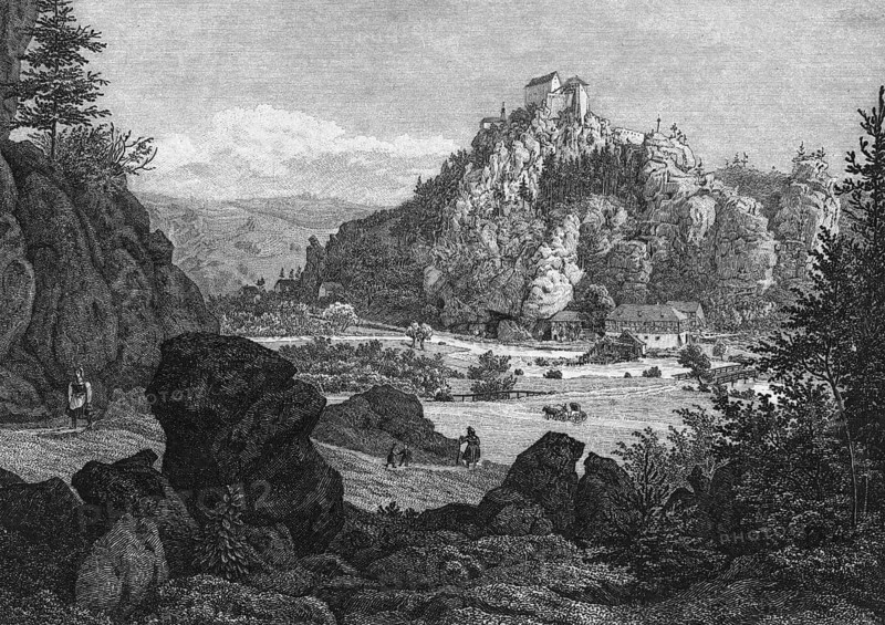 Castle Rabeneck around 1850, high medieval aristocratic castle, above the valley of the Wiesent in Franconian Switzerland, Upper Franconia, Bavaria, Germany, Historical, digitally restored reproduction from a 19th century original, Record date not stated