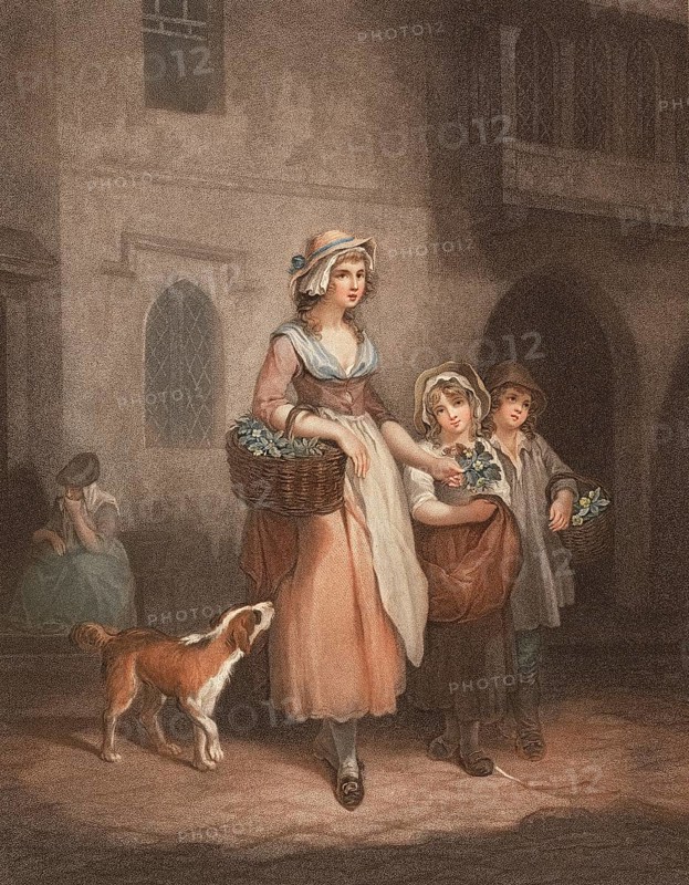 Young woman selling flowers with a dog and two children, selling flowering primroses from a basket, England, c. 1790, Painting by Francis Wheatley (1747 - 1801), English painter, Historic, digitally restored reproduction from a 19th century original, Record date not stated