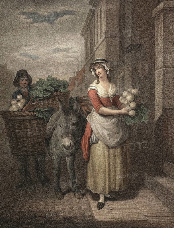 Young woman, greengrocer with turnips and carrots, in a basket on a donkey, goes from house to house offering her wares, England, c. 1790, Painting by Francis Wheatley (1747 - 1801), English painter, Historical, digitally restored reproduction from a 19th century original, Record date not stated