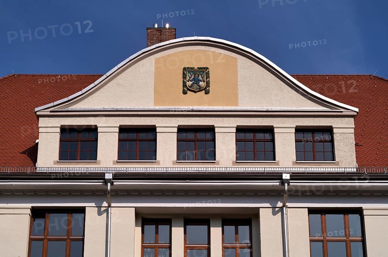 Blaumännle, heraldic figure, town coat of arms, logo, front of the primary school, Blaubeuren, Baden-Württemberg, Germany