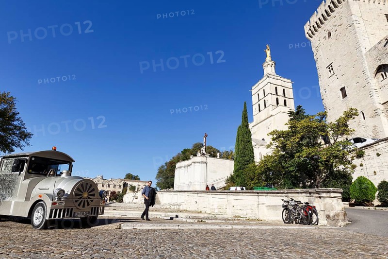Strollers in front of the Palace of the Popes, tourist railway, old town, Avignon, Vaucluse, France