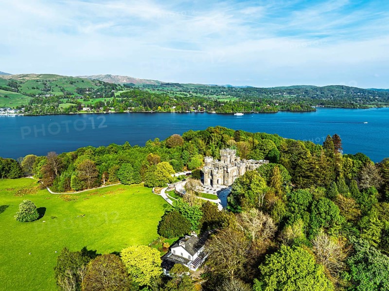 Wray Castle from a drone, Lake Windermere, Ambleside, Lake District, Cumbria, England, United Kingdom