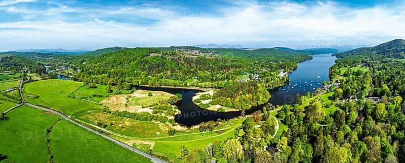 Panorama of Windermere Lake from drone over Fell Foot Park, Lake District, Cumbria, England, United Kingdom