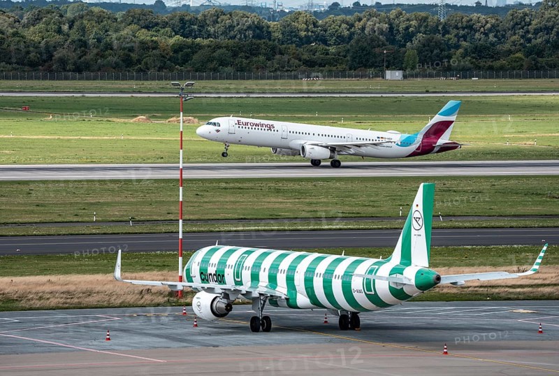 Düsseldorf Airport, Condor Airbus A321-200, aircraft on the apron, Eurowings Airbus A321-231, on take-off, North Rhine-Westphalia, Germany