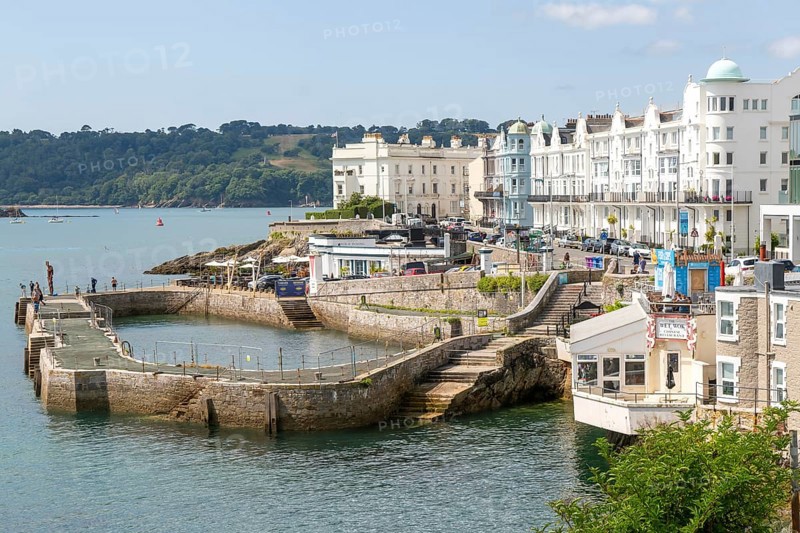 Seafront coastline waterfront, city of Plymouth, Devon, England, UK view west to Drake's Island