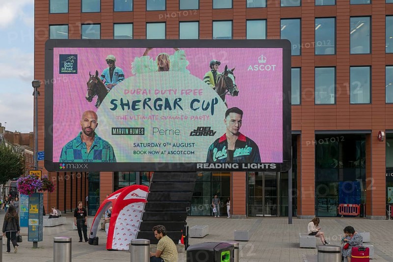 Maxx electronic billboard OOH advertising, Reading Lights, Reading, Berkshire, England, UK - Shergar Cup summer party at Ascot