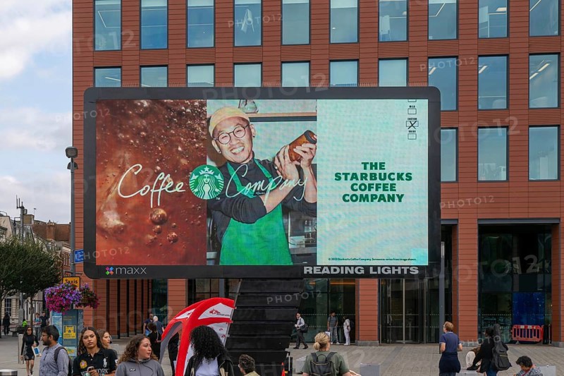 Maxx electronic billboard OOH advertising, Reading Lights, Reading, Berkshire, England, UK - Starbucks coffee