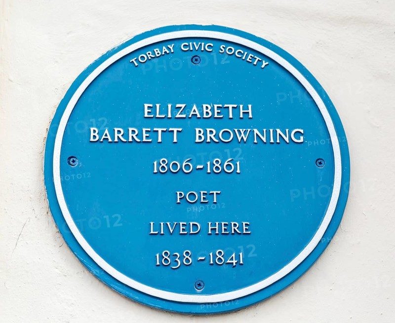 Blue plaque for Elizabeth Barrett Browning poet 1806-1861, Torquay, Devon, England, UK