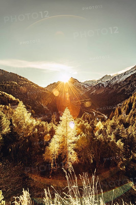 Autumn atmosphere in the Swiss Alps in the Engadine. Photographed from the village of Maloja on the Maloja Pass