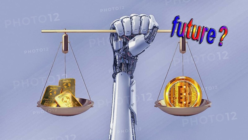 Symbolic image, gold or bitcoin, insecure digital currency, bitcoin, gold as a reserve currency, resources, energy, industry, economy critical, stock market hype, stock market crash, payment, insolvency, wrong decisions, profit, profit slump, share prices, Germany as a business location, global economy, globalisation, environmental protection, mafia, Trump government, bitcoin rally, cryptocurrency, electronic wallet, wallet, crypto reserve, price development, stock market trading