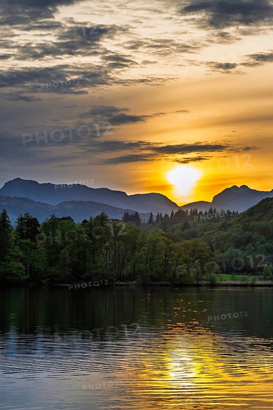 Sunset over Windermere Lake, Ambleside, Lake District, Cumbria, England, United Kingdom