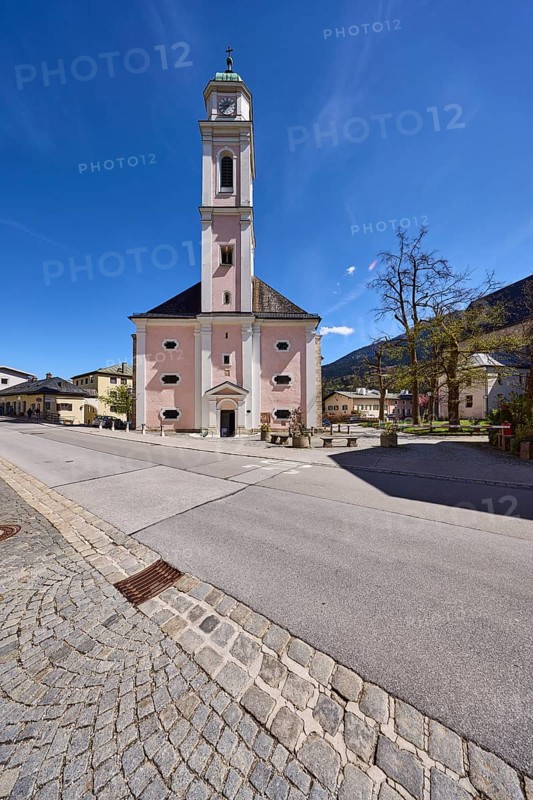 St. Andreas, church, street, asphalt, trees, general architecture, sidelight, blue sky, cirrostratus clouds, town hall square, Berchtesgaden, Upper Bavaria, district Berchtesgadener Land, Bavaria, Germany