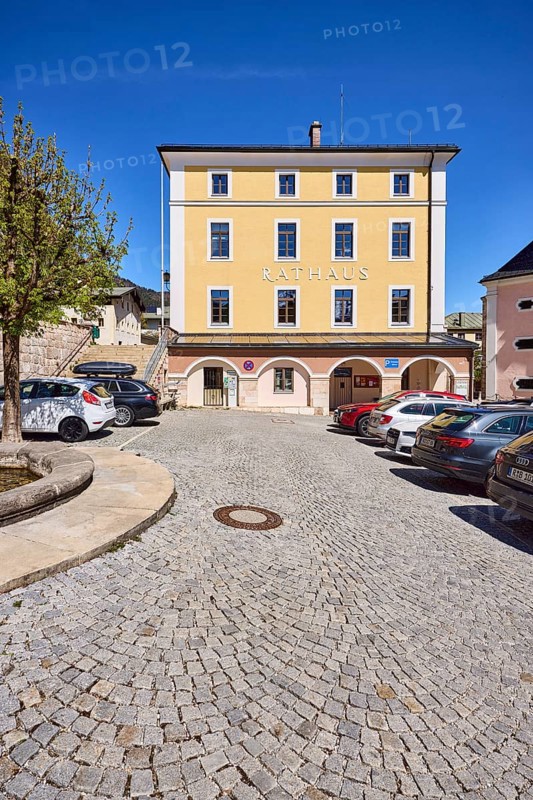 Town hall, general architecture, car park, vehicles, square, cobblestones, tree, blue sky, cirrostratus clouds, town hall square, Berchtesgaden, Upper Bavaria, district Berchtesgadener Land, Bavaria, Germany
