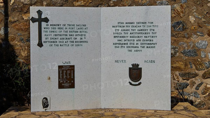 HMS Intrepid, British warship, Greek warship AT Olga, memorial plaque with inscription and cross in memory of fallen soldiers, photos relating to WW2, Battle of Leros, Lakki, Leros, Dodecanese, Greek Islands, Greece