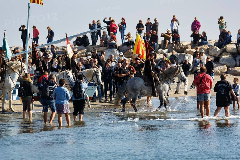 Crowd, guardians of the Camargue, traditional shepherds riding through water, rider on Camargue horse, pilgrimage, procession by the sea, Saintes-Maries-de-la-Mer, Camargue, France