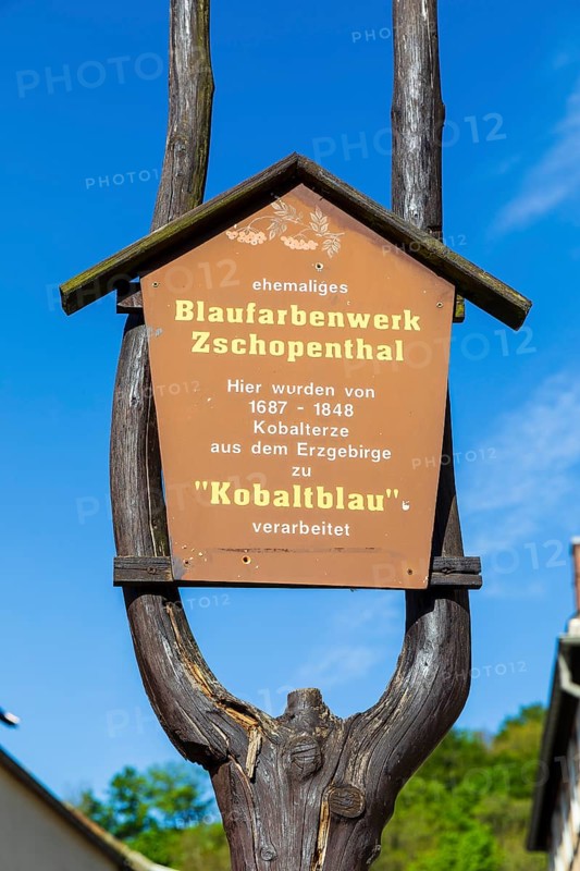 Signpost to the Zschopenthal blue colour factory, Grünhainichen, Erzgebirge, Saxony, Germany