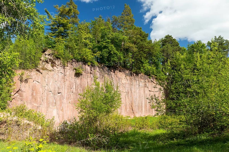 Porphyry rocks for climbers in the former Seidel quarry on Rochlitzer Berg, Saxony, Germany