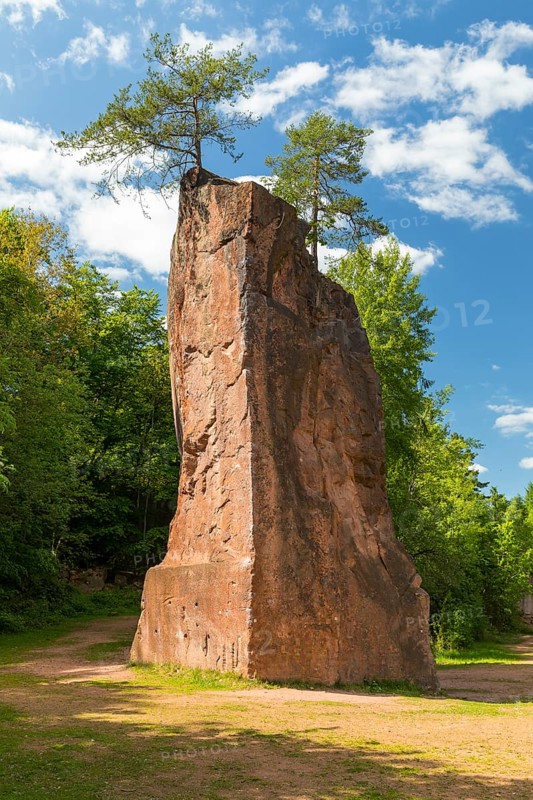 Free-standing rock made of porphyry for climbers in the former Seidel quarry on Rochlitzer Berg, Saxony, Germany