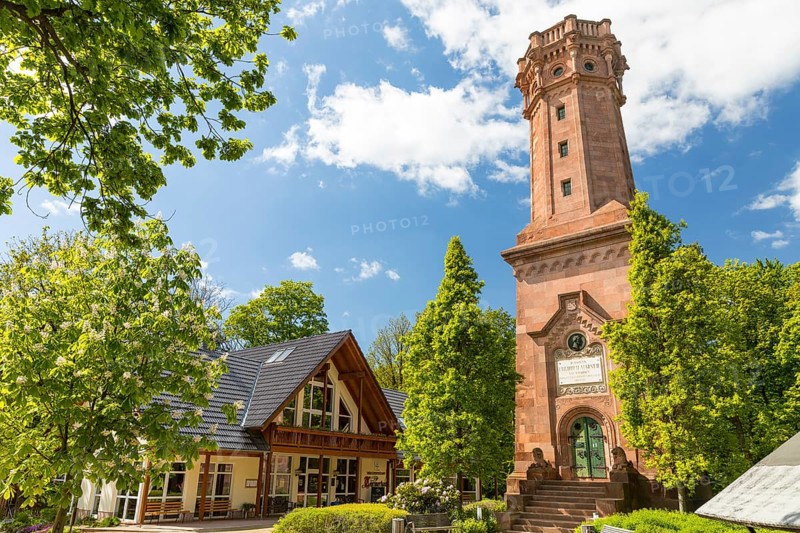 Restaurant and observation tower Friedrich-August-Turm made of porphyry on the Rochlitzer Berg, Saxony, Germany