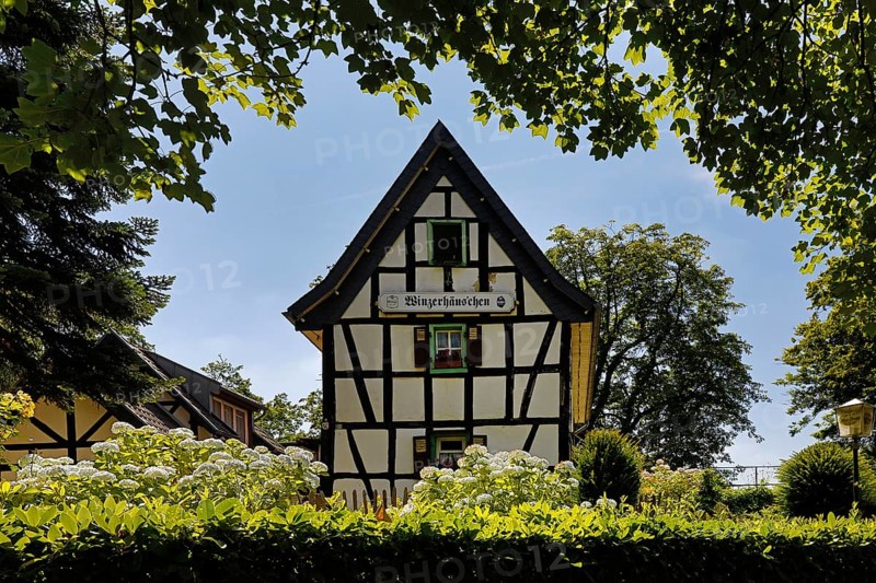 Half-timbered house Winzerhäuschen, Restaurant am Eselsweg zum Drachenfels, Königswinter, Siebengebirge, North Rhine-Westphalia, Germany