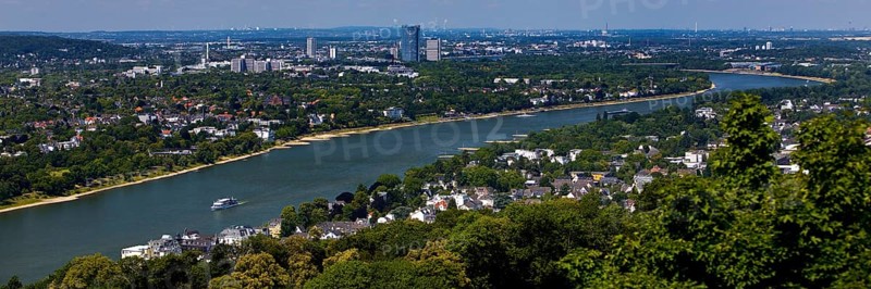 The Rhine with a view towards Bonn seen from the Drachenfels, Siebengebirge, Koenigswinter, North Rhine-Westphalia, Germany