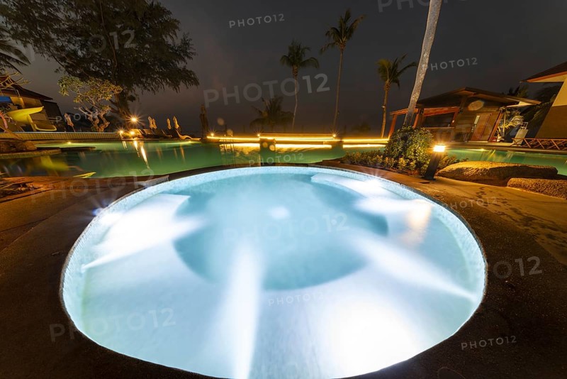 Illuminated swimming pool on the island of Koh Chang, Andaman Sea, Southern Thailand, Thailand
