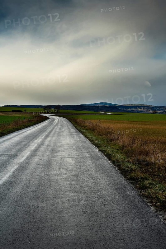 A winding road stretches through green fields under a cloudy sky, showcasing the beauty of the landscape with distant mountains in view. Auvergne. France