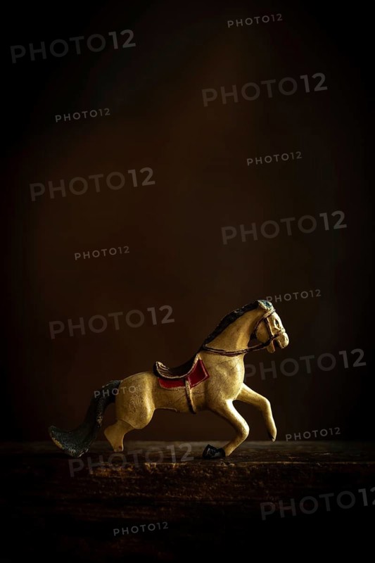 A vintage toy horse appears to be in motion, showcasing intricate details and a nostalgic design. The dark background enhances its classic features and evokes memories of childhood play