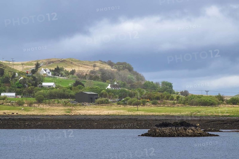 Farms over Loch Sligachan, Sligachan, Isle of Skye, Scotland, UK