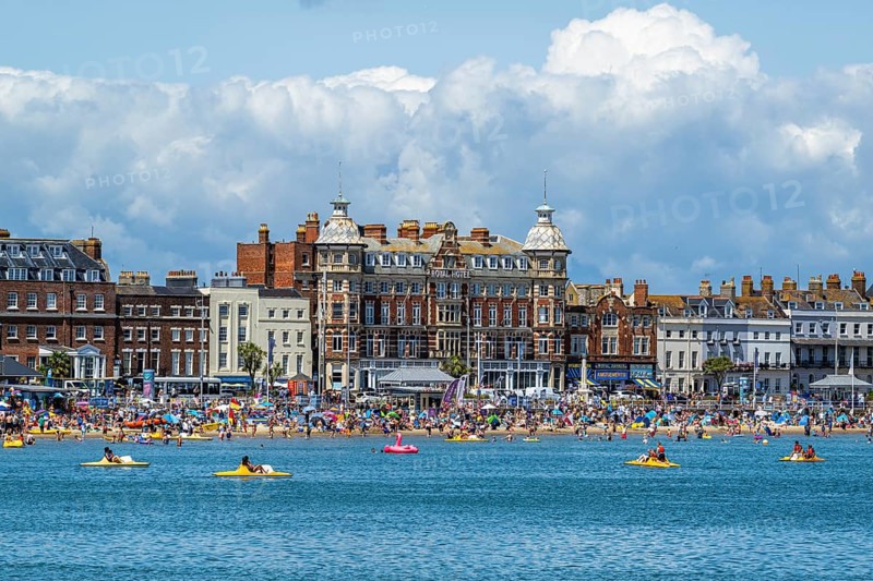 Clock tower on seaside in Weymouth, Esplanade, Weymouth, Dorset, England, United Kingdom