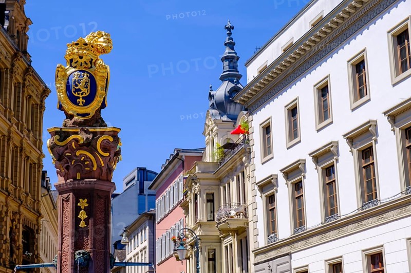 Market fountain with golden Nassau lion, coat of arms of Nassau, in front of the Hessian state parliament, market square, Wiesbaden, Hesse, Germany