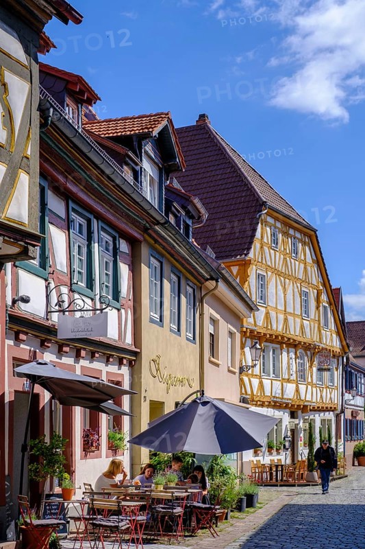 Hauptstraße, half-timbered houses in the old town, Ladenburg, Rhine-Neckar district, Baden-Württemberg, Germany