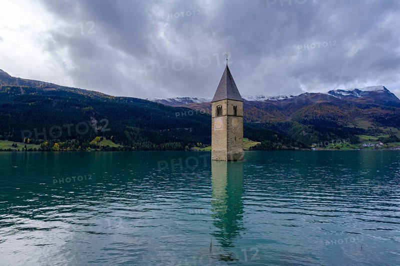 Church tower in Lake Reschen, Graun, Reschen, Vinschgau, South Tyrol, Alto Adige, Italy