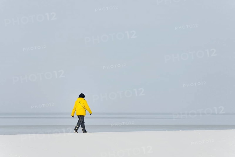 Winter day, onset of winter, person walking over a snow-covered dyke, North Sea, Norddeich, Lower Saxony, Germany