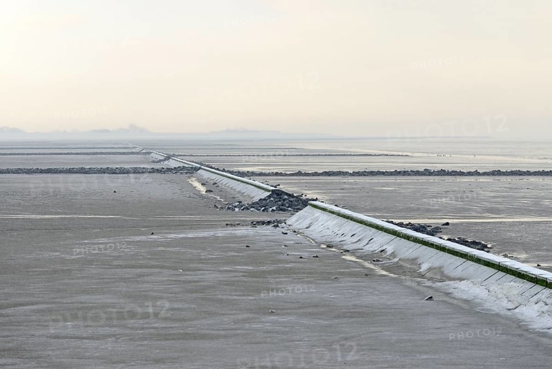 North Sea coast, cloudy winter day, Wadden Sea at low tide, stone groynes as coastal protection, North Sea, Norddeich, Lower Saxony, Germany