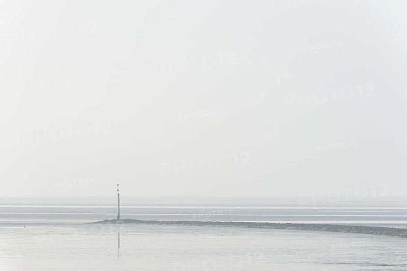 North Sea coast, cloudy winter day, Wadden Sea at low tide, stone groyne with sea mark, North Sea, Norddeich, Lower Saxony, Germany