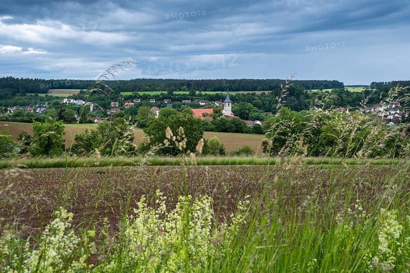 View of Münchsteinach from the Gigantic Bench, Steigerwald nature park Park, Middle Franconia, Franconia, Germany
