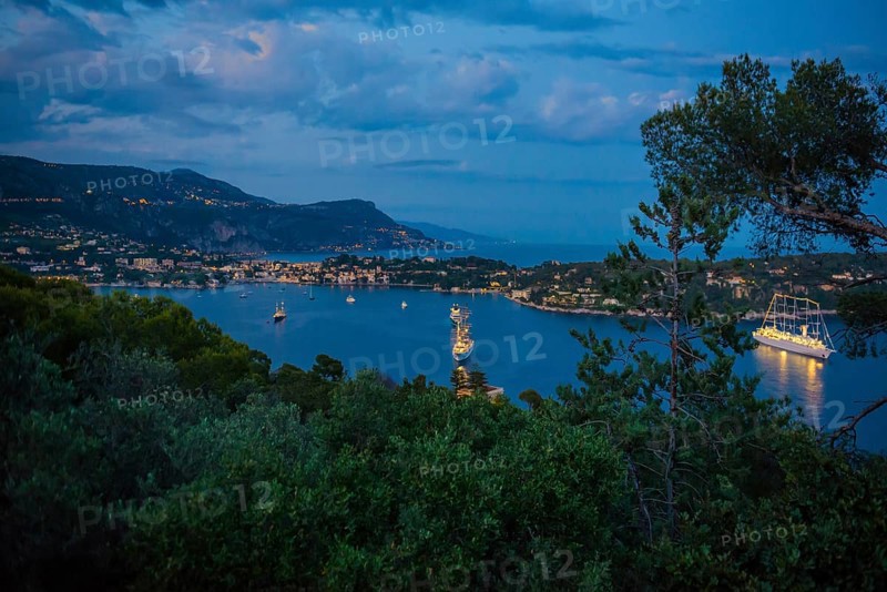 Panorama, blue hour, sunset, view from Mont Boron, Saint-Jean-Cap-Ferrat, Cap Ferrat, Alpes Maritimes, Provence Alpes Cote d'Azur, French Riviera, South of France, France