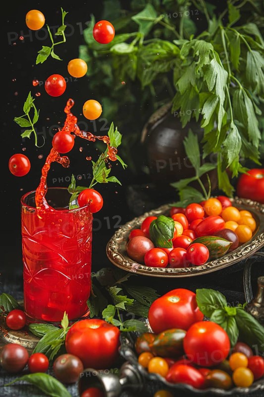 Tomatoes fall into a jar with tomato juice surrounded by herbs