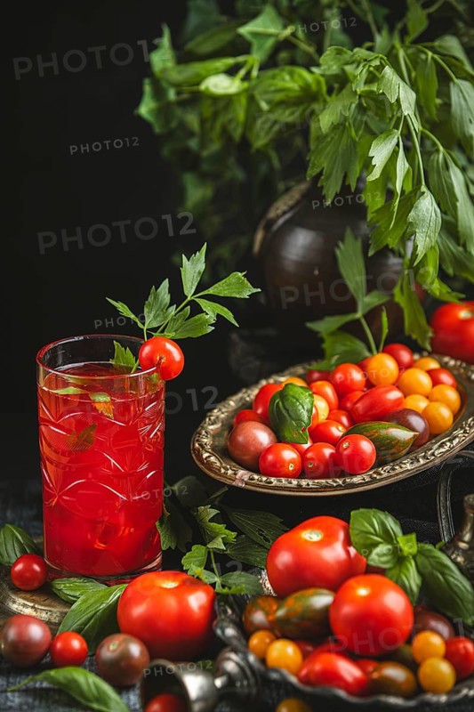 Rustic still life with tomatoes, tomato juice and herbs in a dark setting