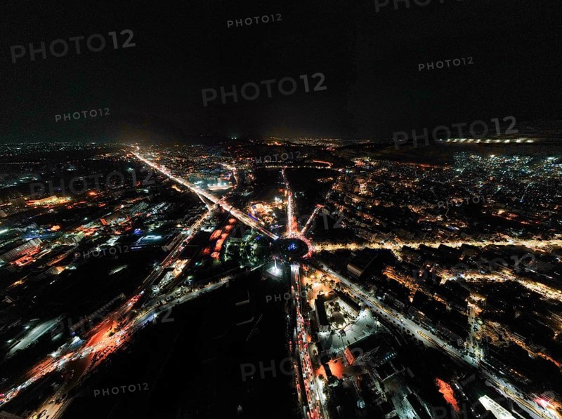 Aerial view of the Umayyad Square shining at night