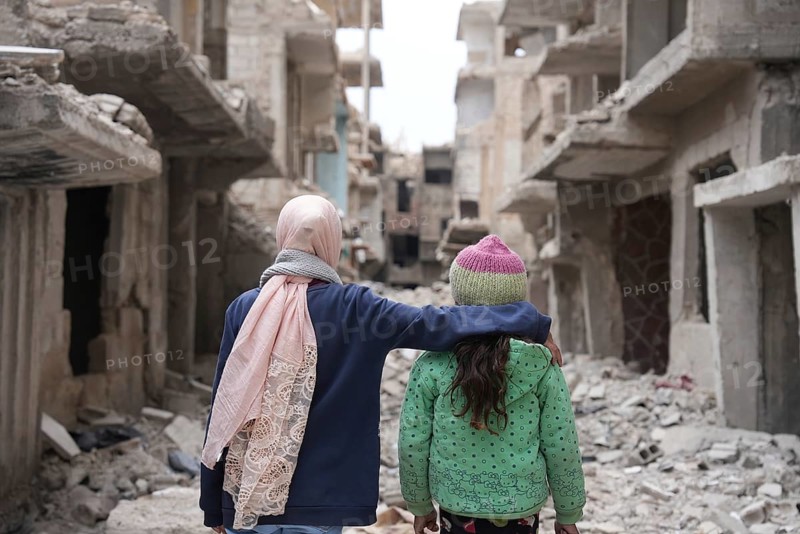 Two girls stand in shock in front of a building destroyed by the war in Syria