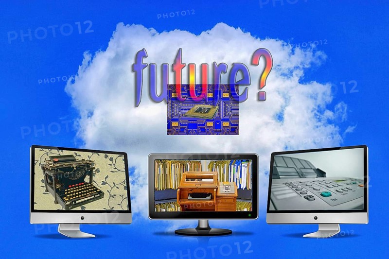Symbol photo, future from typewriter to telex to fax machine and CPU, Business 4.0, ChatGBT, AI, AI, OpenAI, chatbot, artificial intelligence, artificial intelligence, IT system, computer science, IT technology, computer system, software, Microsoft, Apple, Intel, silicon brain, thinking machine, creativity, new wonder of the world, Einstein replacement, problem intelligence, AI research, voice robot, algorithm, AI danger