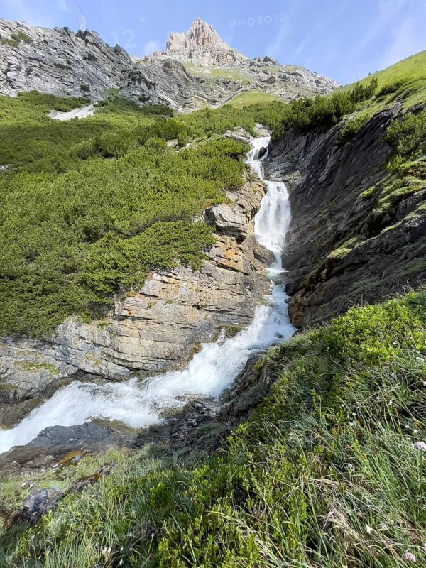 View of Cascata dello del Braulio waterfall, Valdidentro, Lombardy, Italy