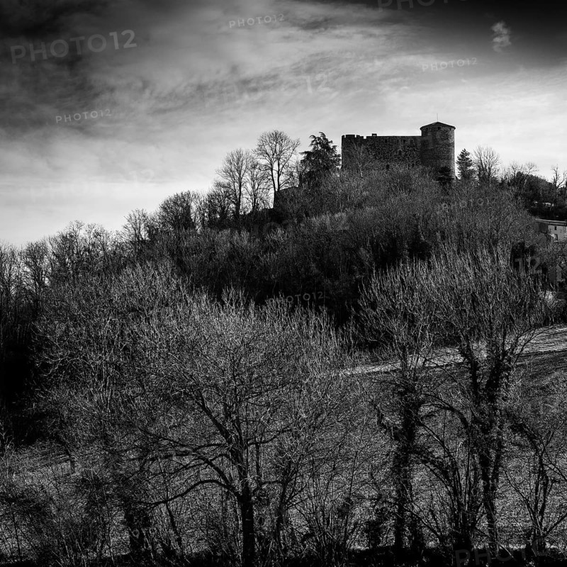 A historic castle stands prominently on a hill, silhouetted against a moody sky at dusk. Bare trees surround the castle. Puy de Dome, Auvergne, France