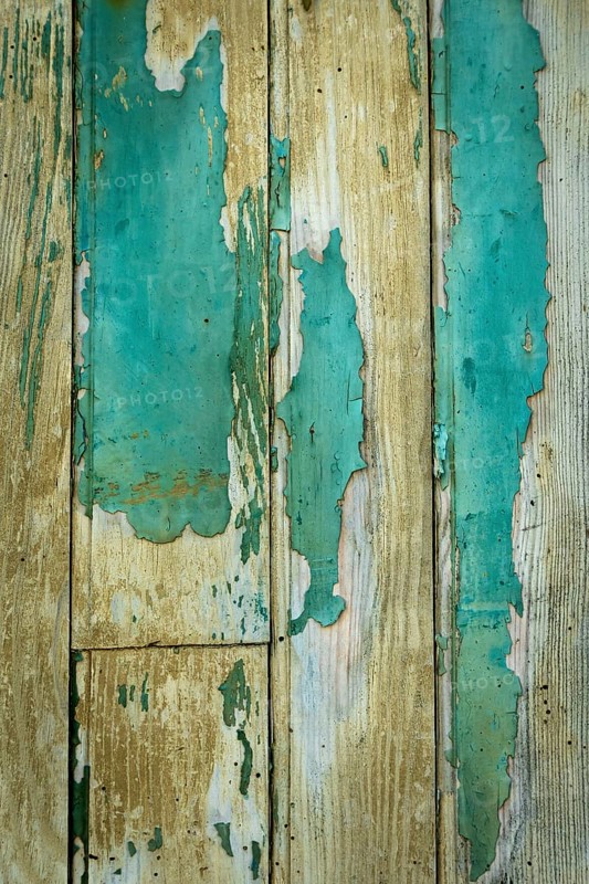 Textures of aged wooden planks show peeling paint in shades of blue and beige, reflecting years of wear and adding charm to the rustic atmosphere